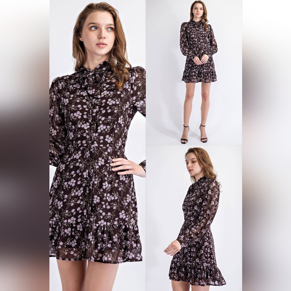 (3) Chic Black And Purple Floral Long Sleeve Dress - Wholesale